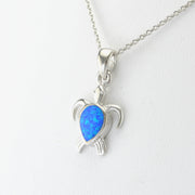 Side View Silver Created Opal Blue Turtle Necklace