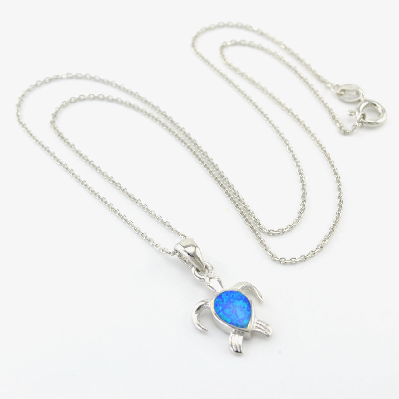 Silver Created Opal Blue Turtle Necklace