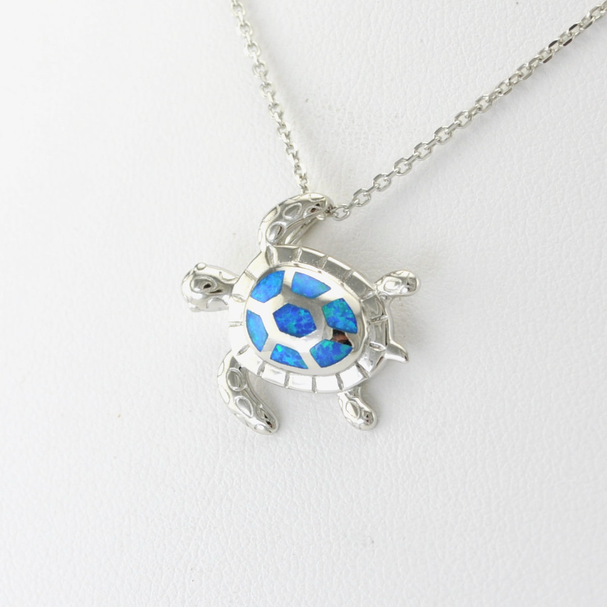 Side View Silver Created Opal Blue Sea Turtle Necklace