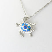 Side View Silver Created Opal Blue Sea Turtle Necklace