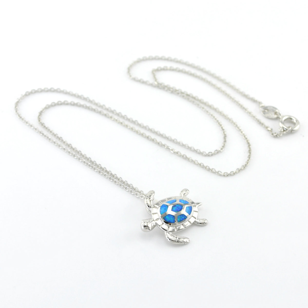 Silver Created Opal Blue Sea Turtle Necklace