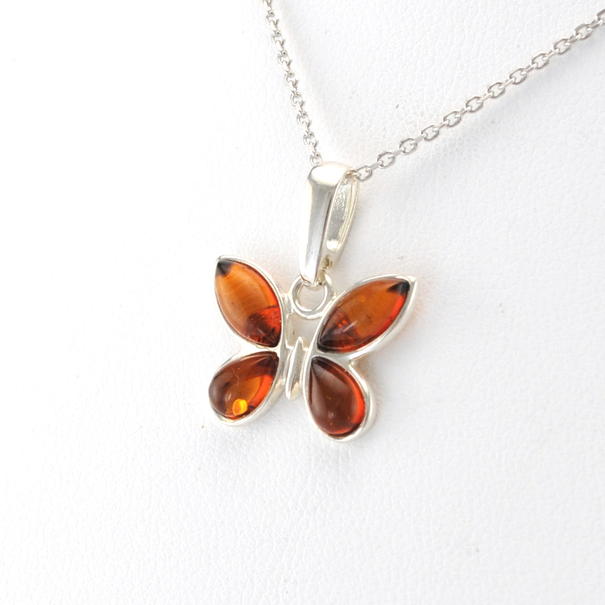 Side View Silver Amber Butterfly Necklace