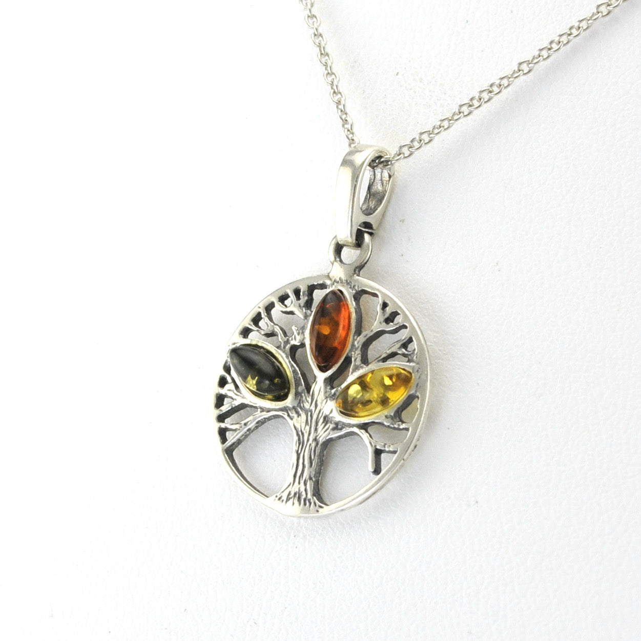 Side View Silver Tree of Life with Multi Amber Necklace
