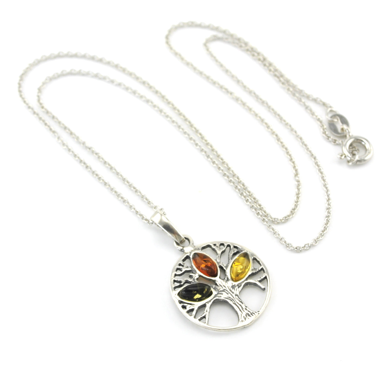 Silver Tree of Life with Multi Amber Necklace