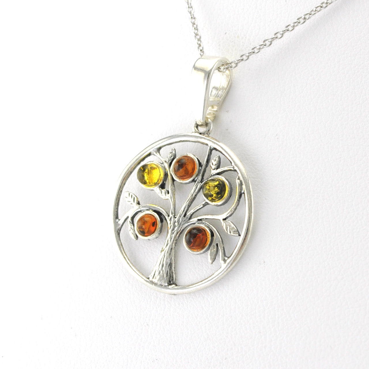 Side View Silver Tree of Life with Multicolored Amber Necklace