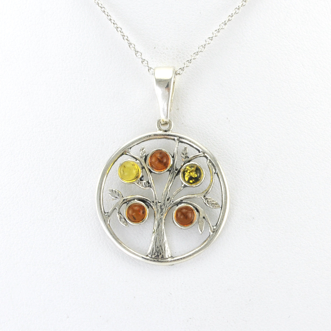 Alt View Silver Tree of Life with Multicolored Amber Necklace