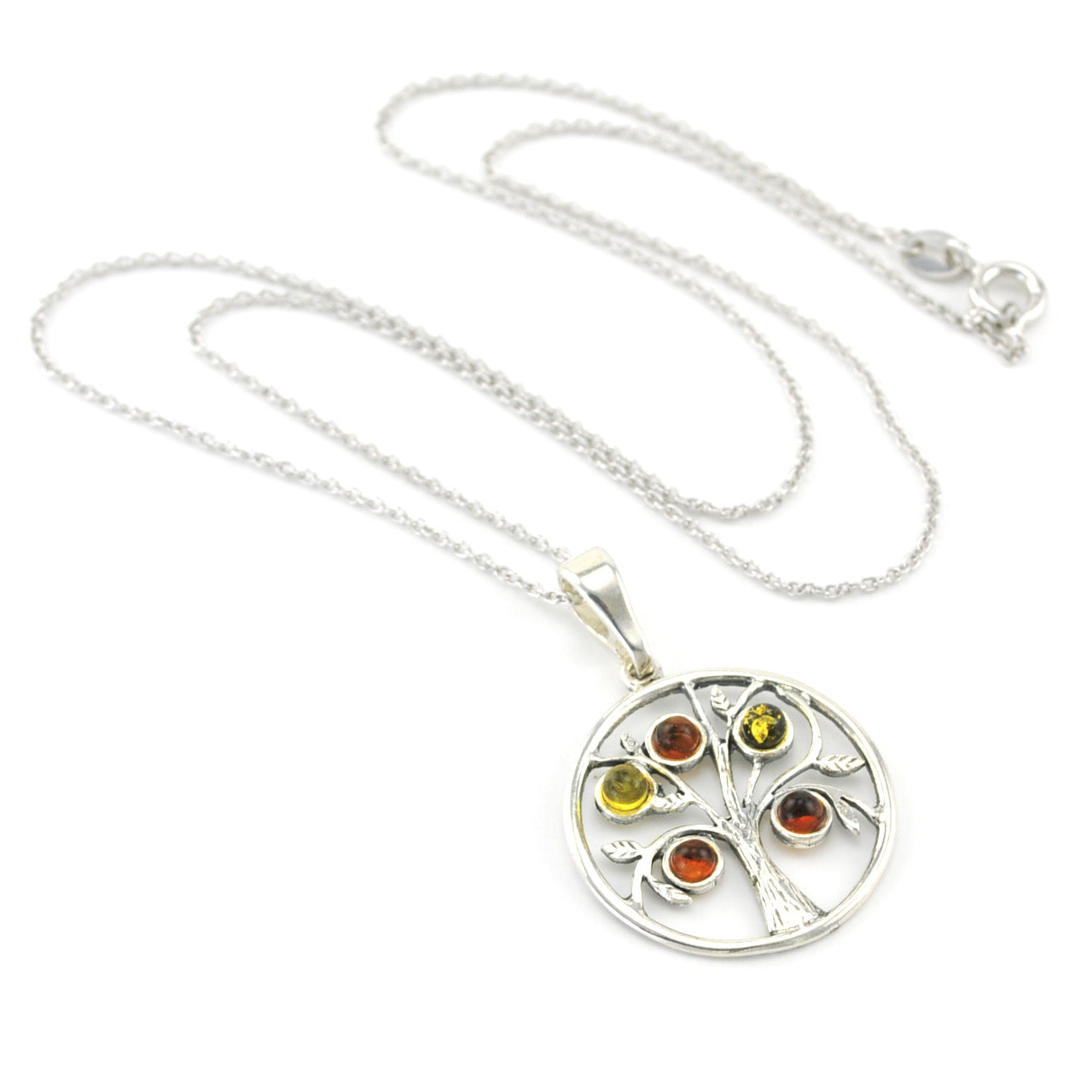 Silver Tree of Life with Multicolored Amber Necklace