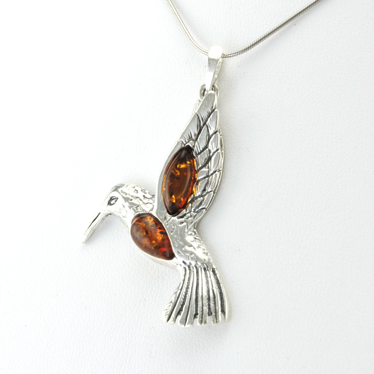 Silver Amber Hummingbird Pendant