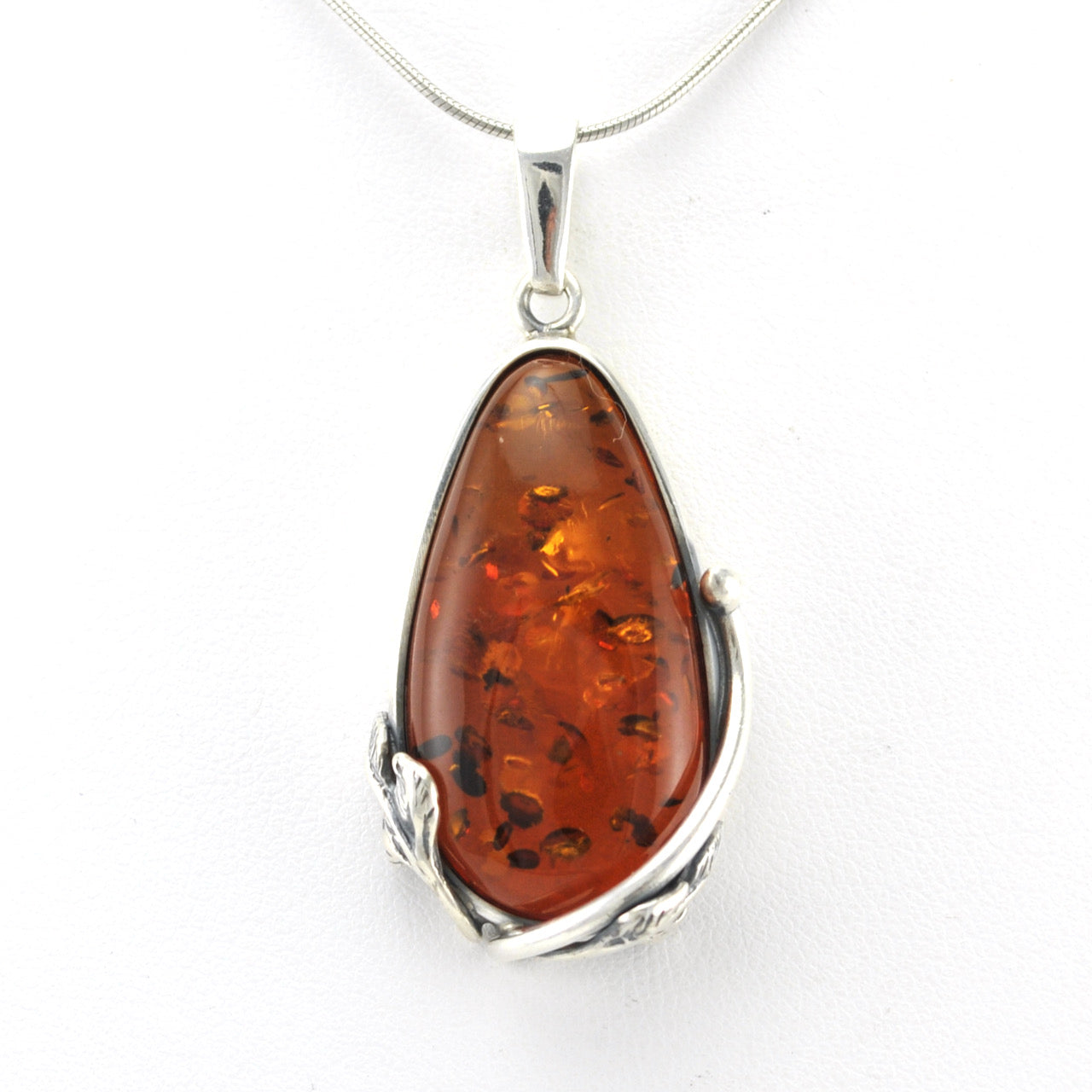 Alt View Sterling Silver Amber Tear Pendant with Leaf Detail