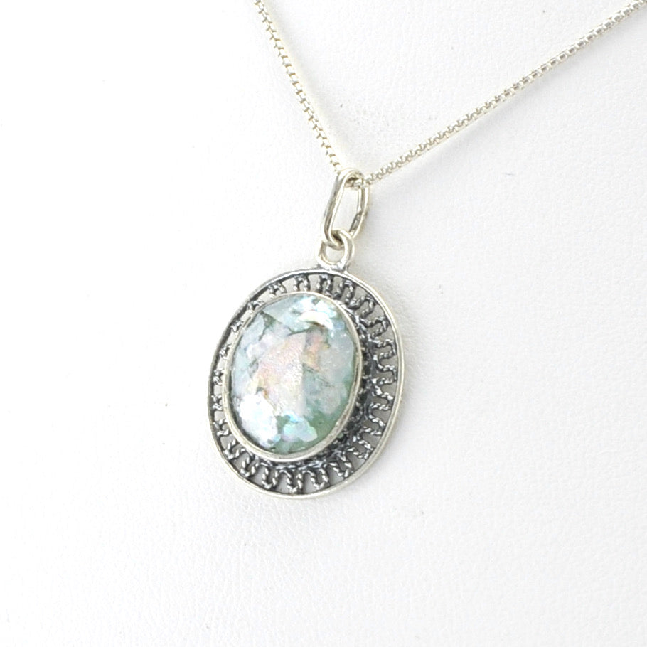 Side View Silver Roman Glass Oval Necklace