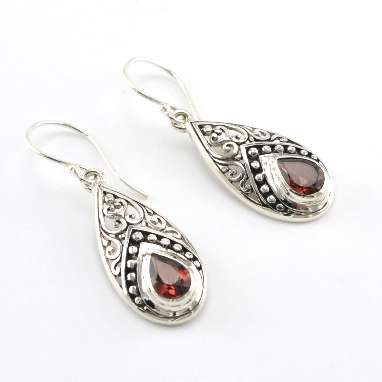 Side View Silver Garnet Tear Bali Dangle Earrings