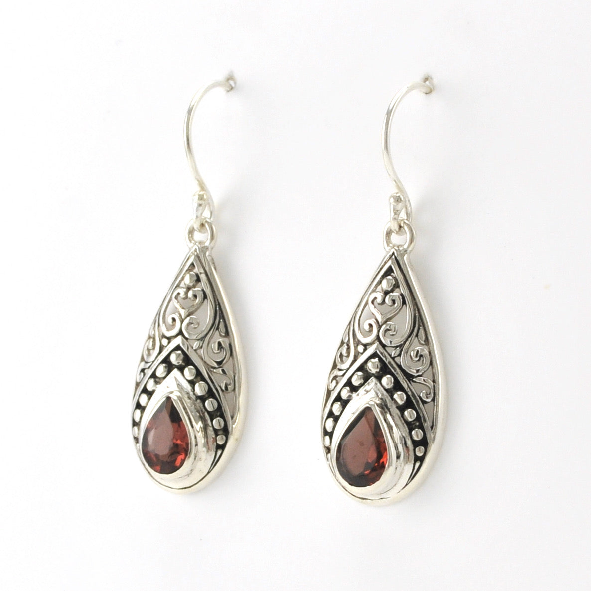 Silver Garnet Tear Bali Dangle Earrings