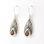 Silver Garnet Tear Bali Dangle Earrings