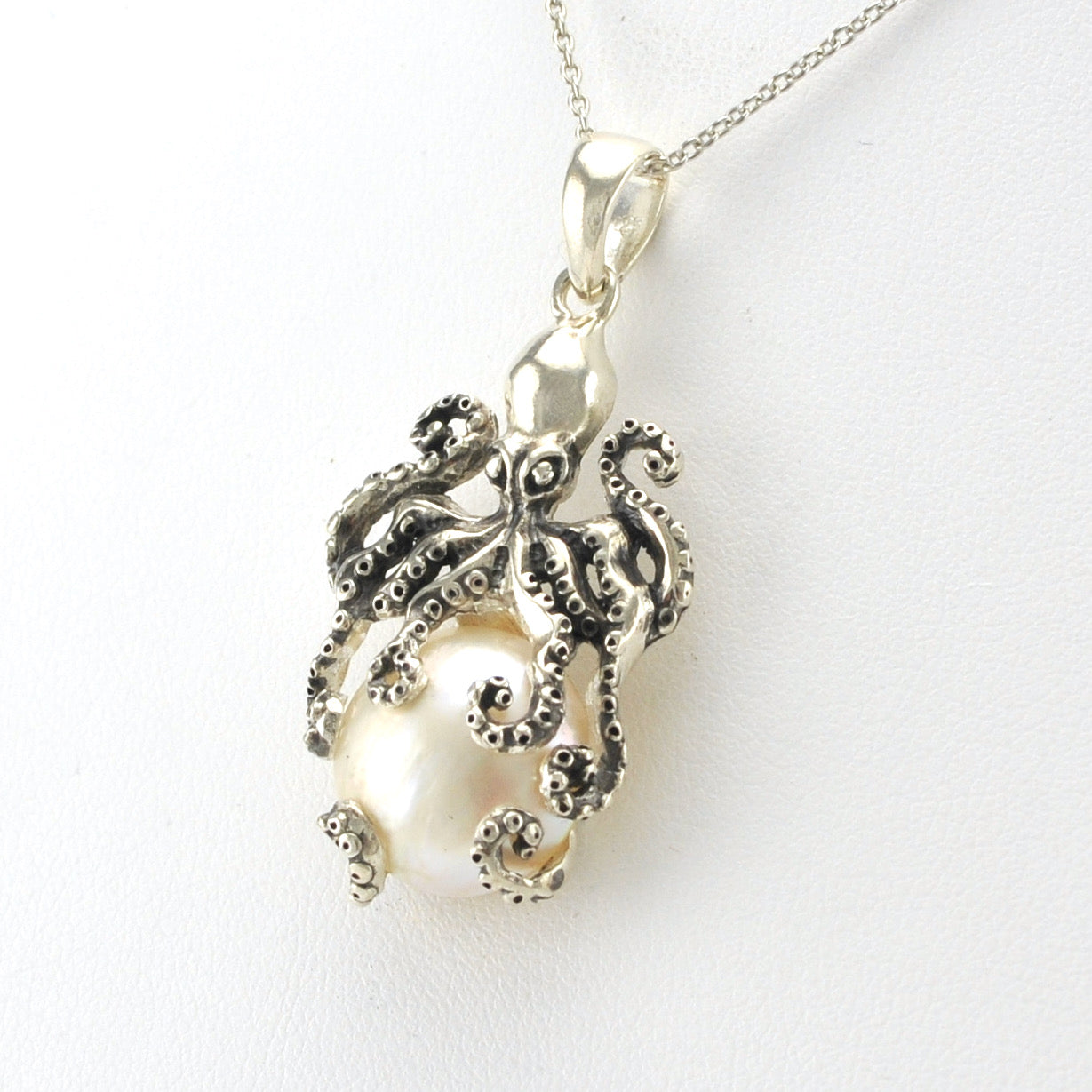 Side View Silver Mabé Pearl Polished Octopus Necklace