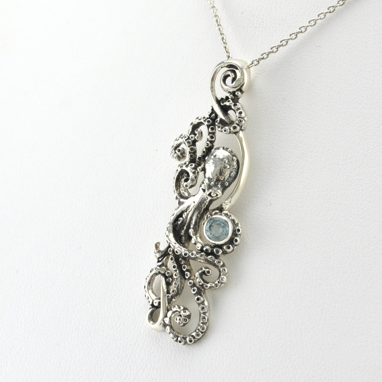 Side View Silver Blue Topaz Octopus Necklace