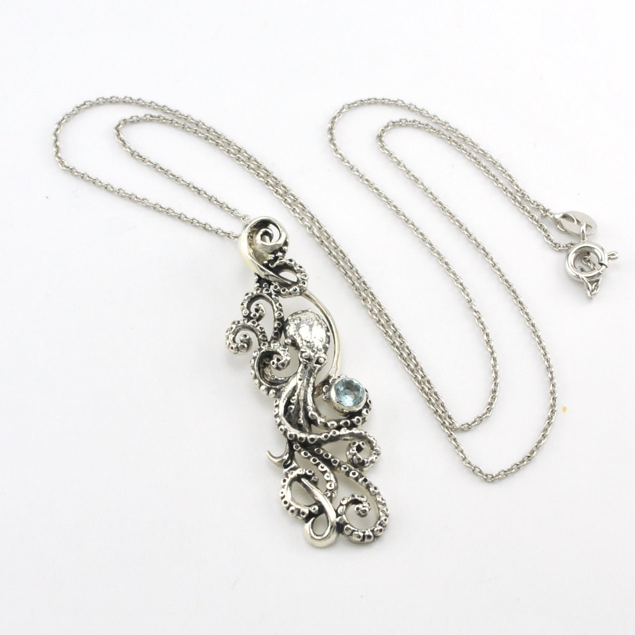 Silver Blue Topaz Octopus Necklace