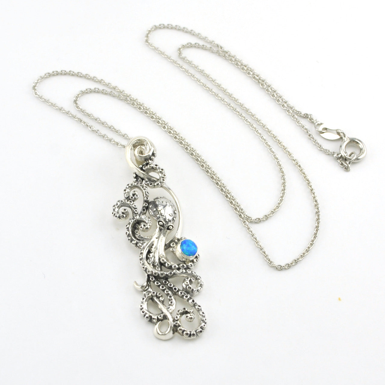 Silver Created Blue Opal Octopus Necklace