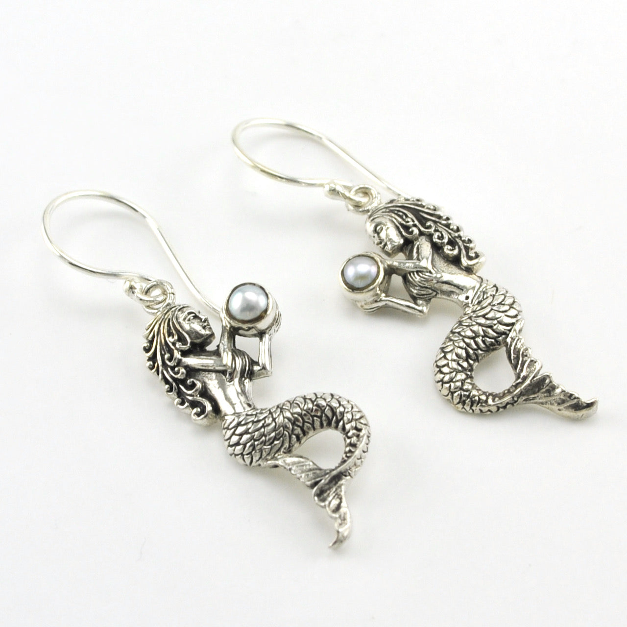 Side View Silver Mermaid with Pearl Dangle Earrings