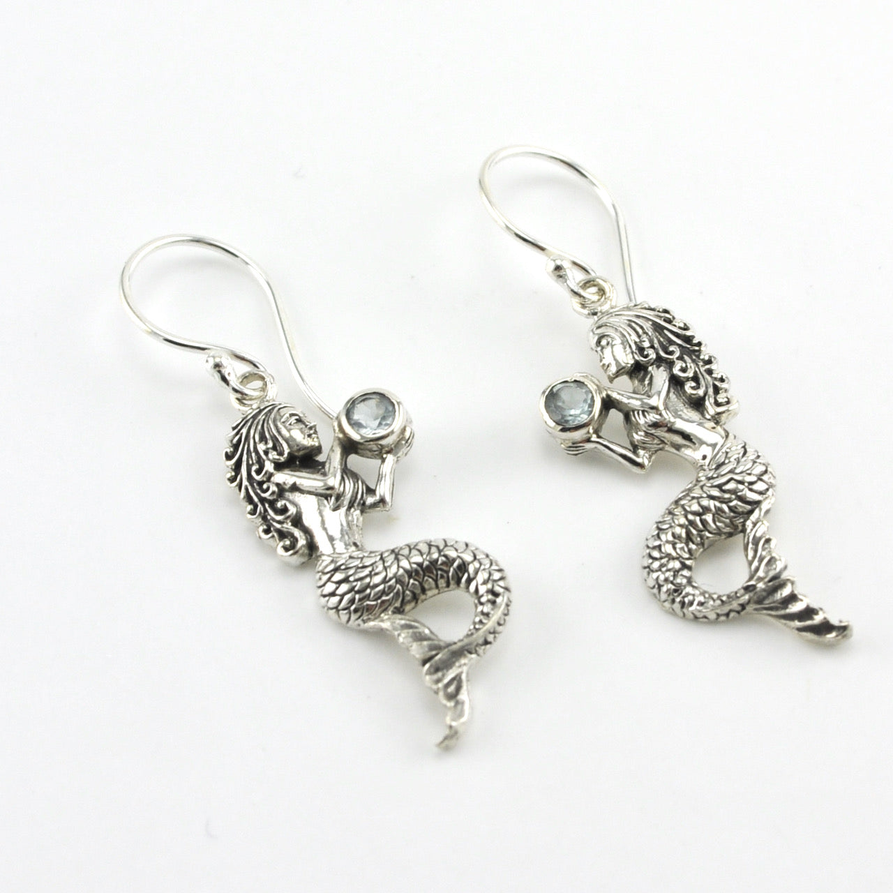 Side View Silver Mermaid with Blue Topaz Dangle Earrings
