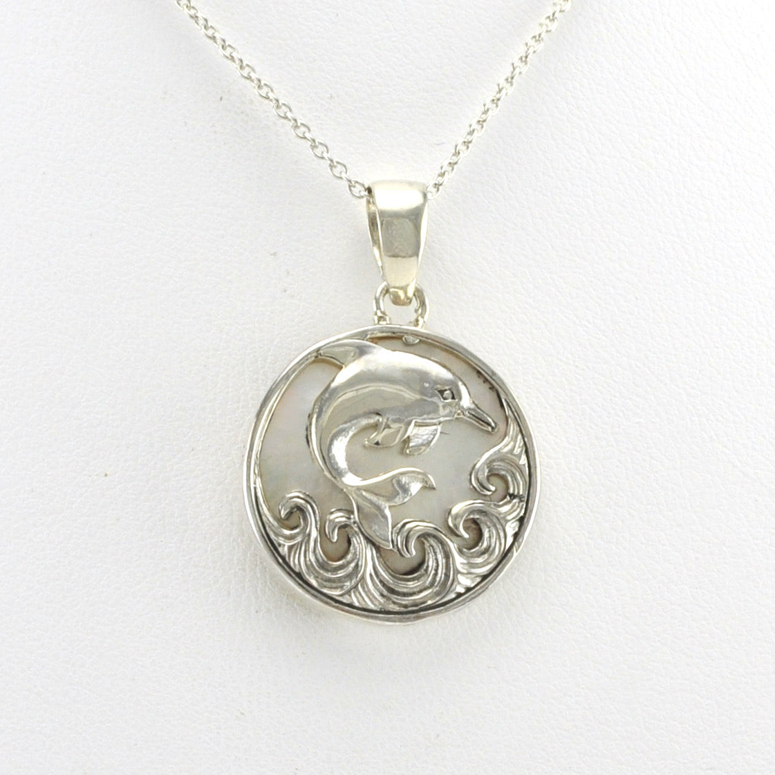Alt View Silver Mother of Pearl Dolphin on Waves Pendant