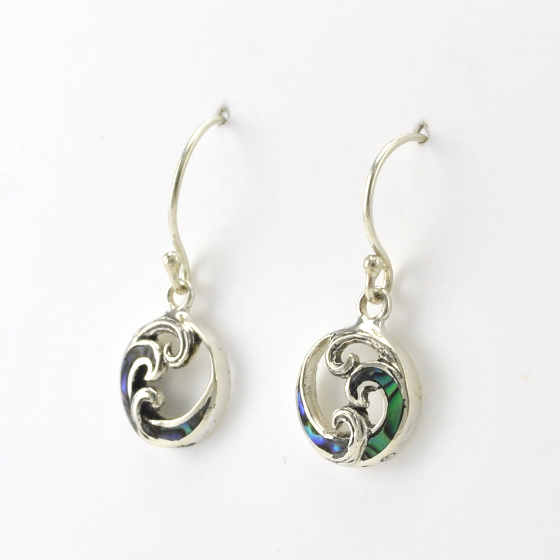 Side View Silver Abalone Wave Small Dangle Earrings