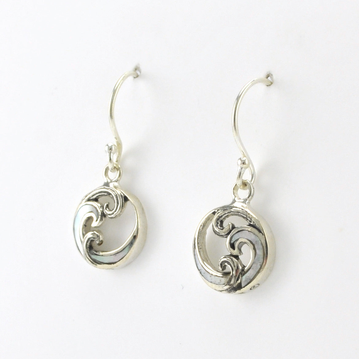 Side View Silver Mother of Pearl Wave Small Dangle Earrings