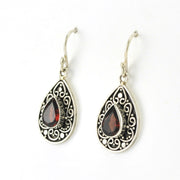 Side View Silver Garnet Tear Bali Dangle Earrings