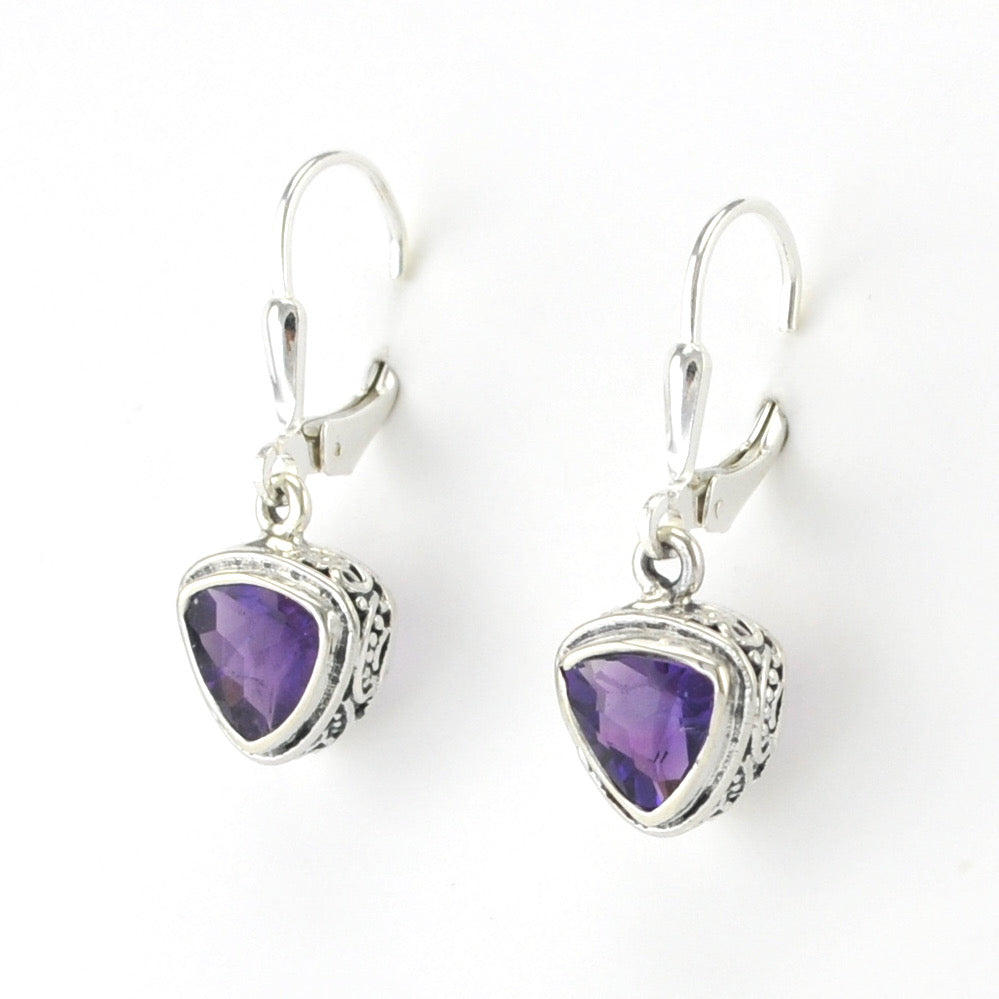 Silver Amethyst 7mm Trillion Bali Dangle Earrings