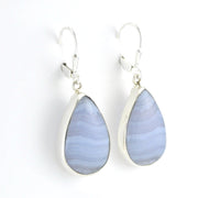 Side View Silver Blue Lace Agate Tear Dangle Earrings