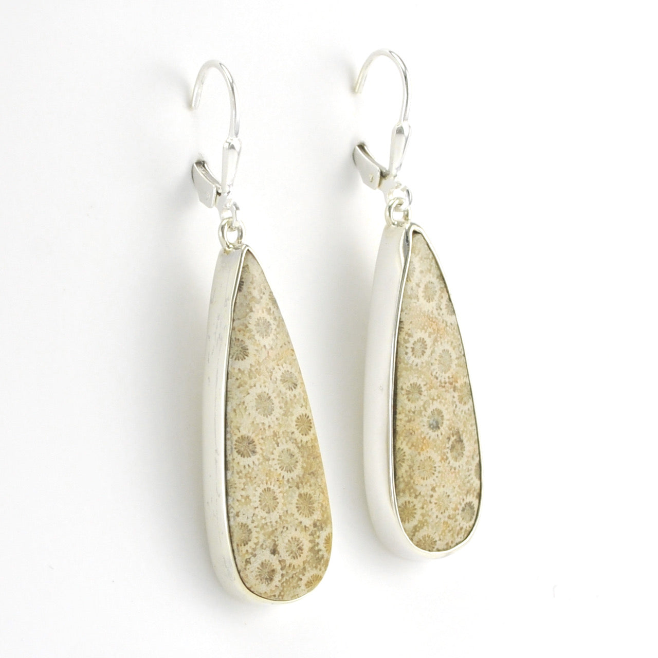 Side View Silver Fossil Coral Tear Dangle Earrings