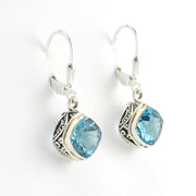 Side View Silver Blue Topaz 8mm Offset Square Bali Earrings