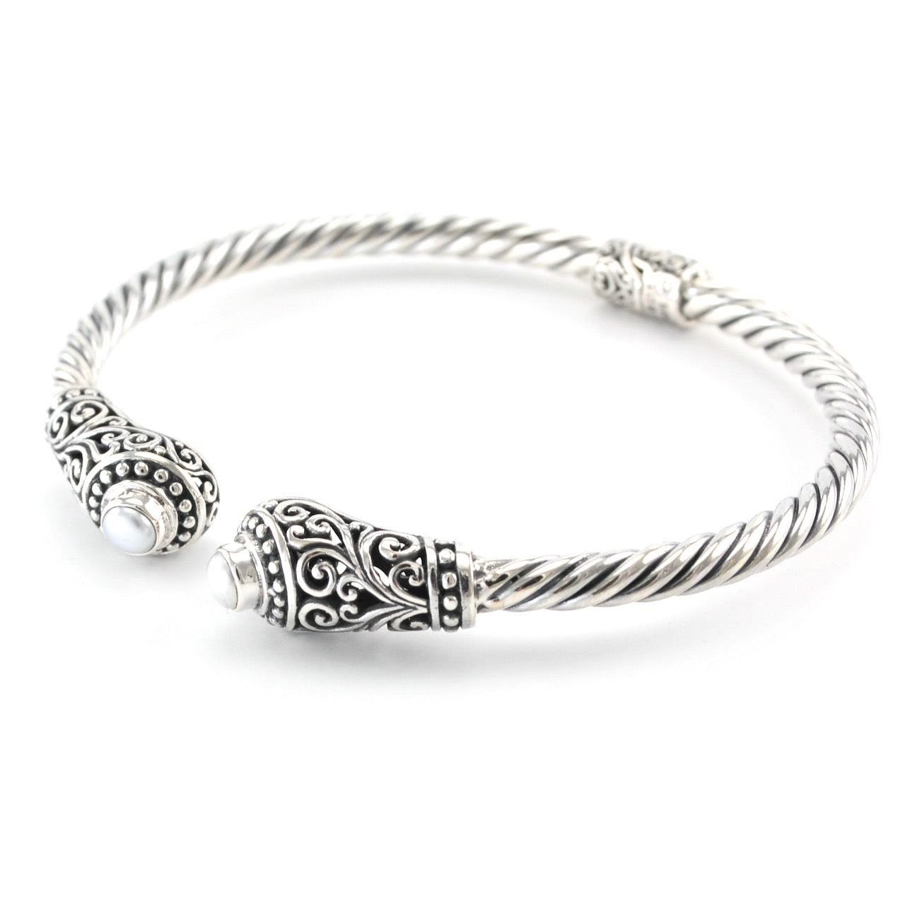 Alt View Sterling Silver Pearl Bali Hinged Cuff Bracelet