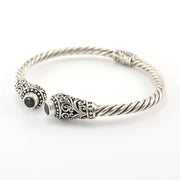 Side View Silver Garnet Round Bali Hinged Cuff Bracelet