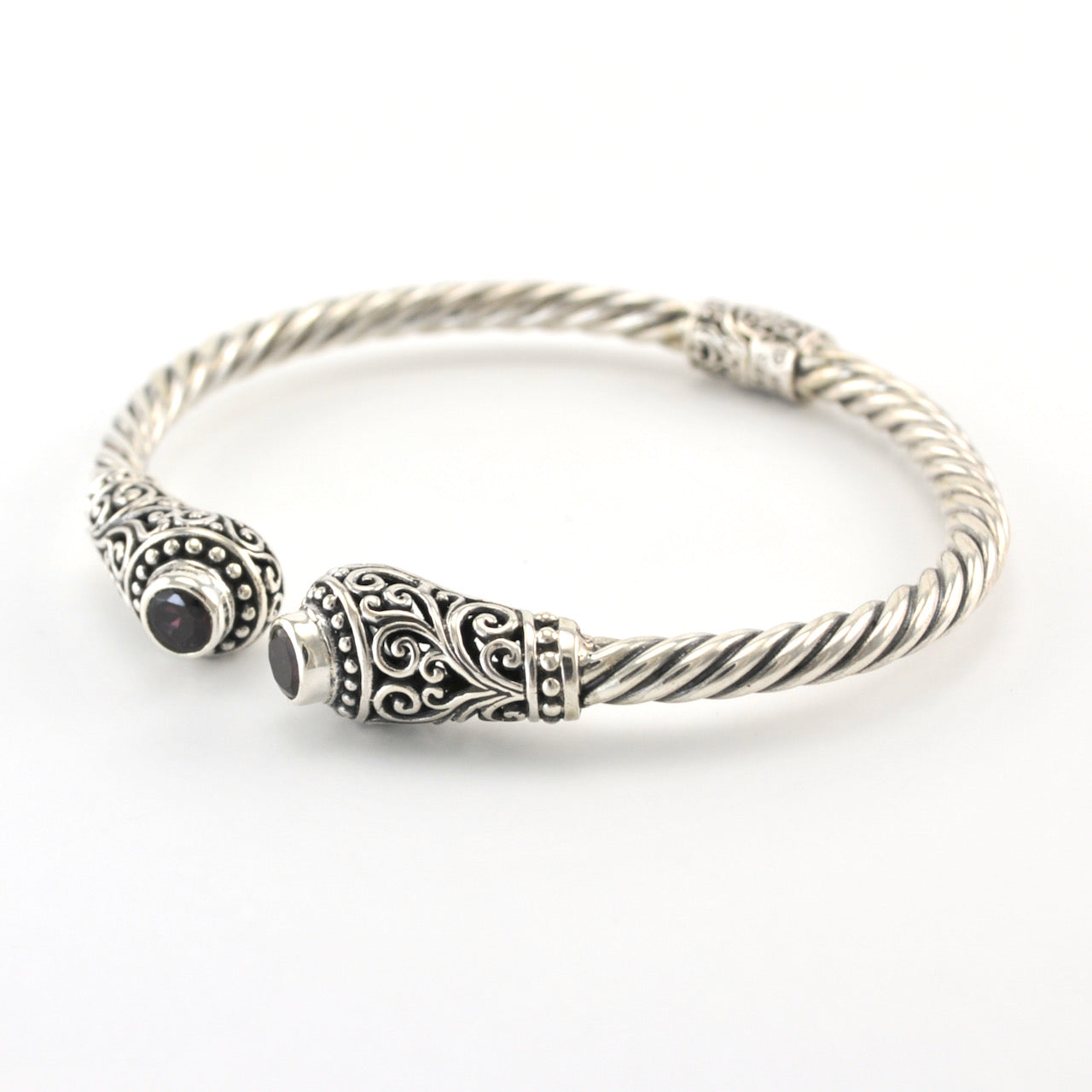 Side View Silver Garnet Round Bali Hinged Cuff Bracelet