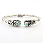 Silver Green Created Opal Round Bali Hinged Cuff Bracelet