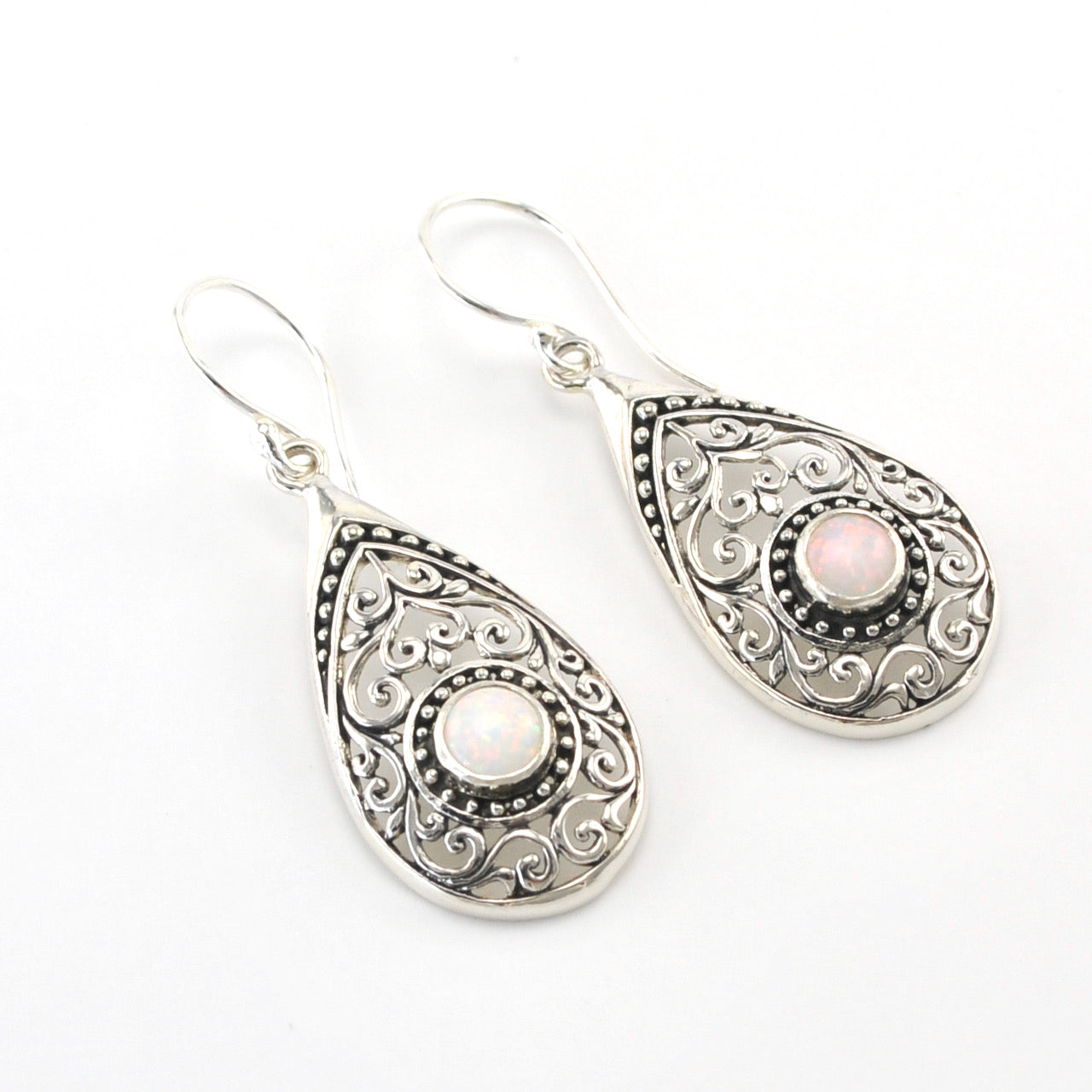Silver Created White Opal Tear Bali Earrings