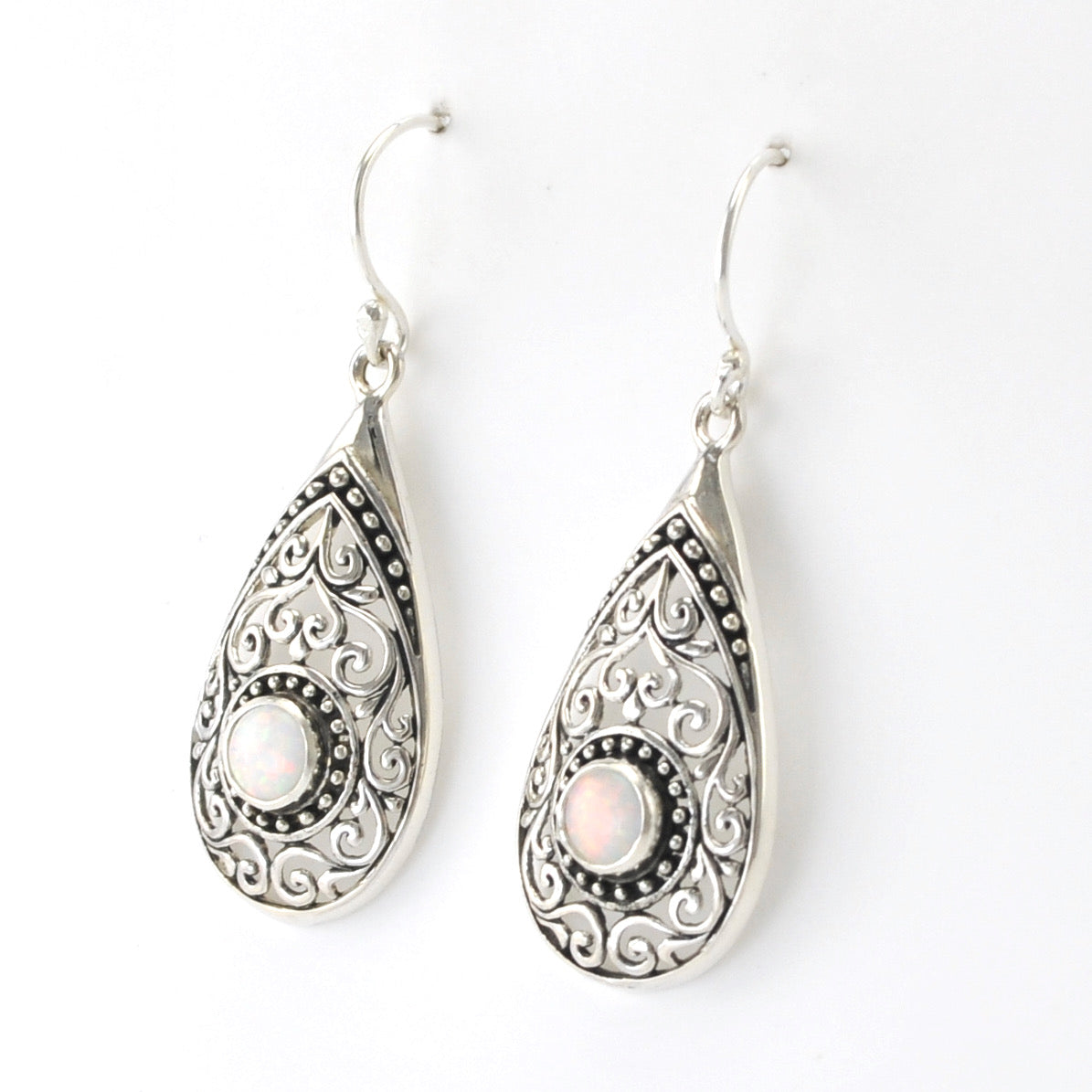 Side View Silver Created White Opal Tear Bali Earrings