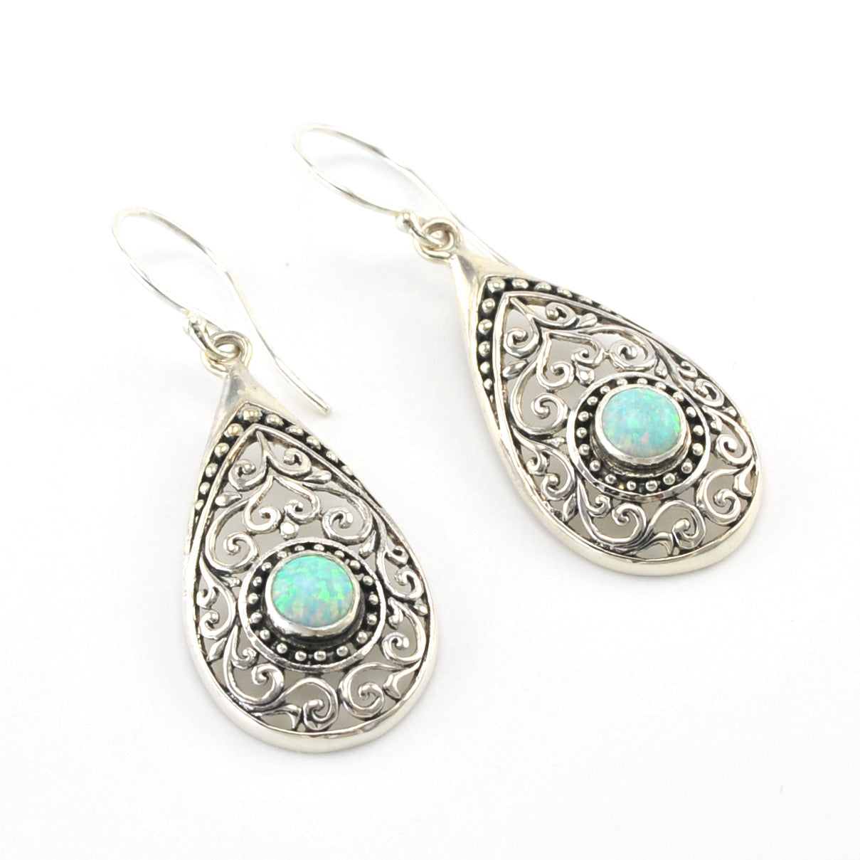 Silver Created Green Opal Tear Bali Earrings