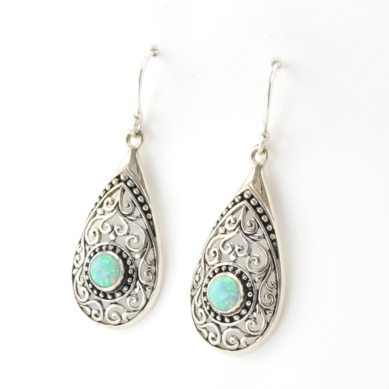 Side View Silver Created Green Opal Tear Bali Earrings