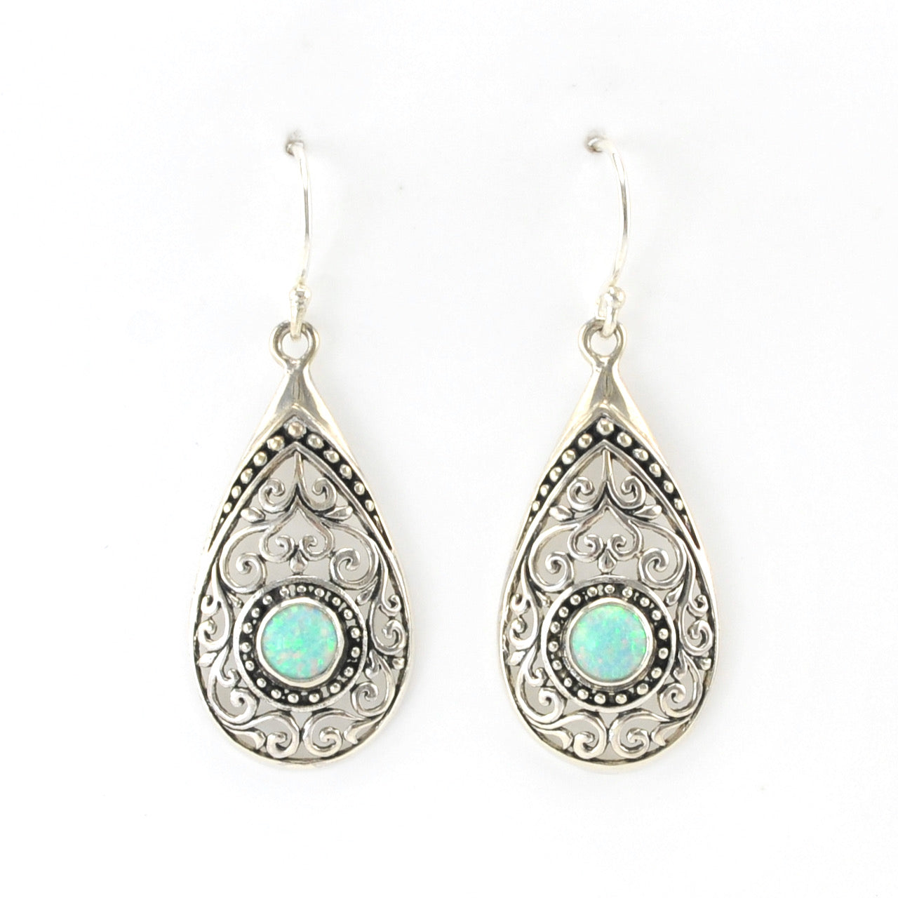 Alt View Silver Created Green Opal Tear Bali Earrings
