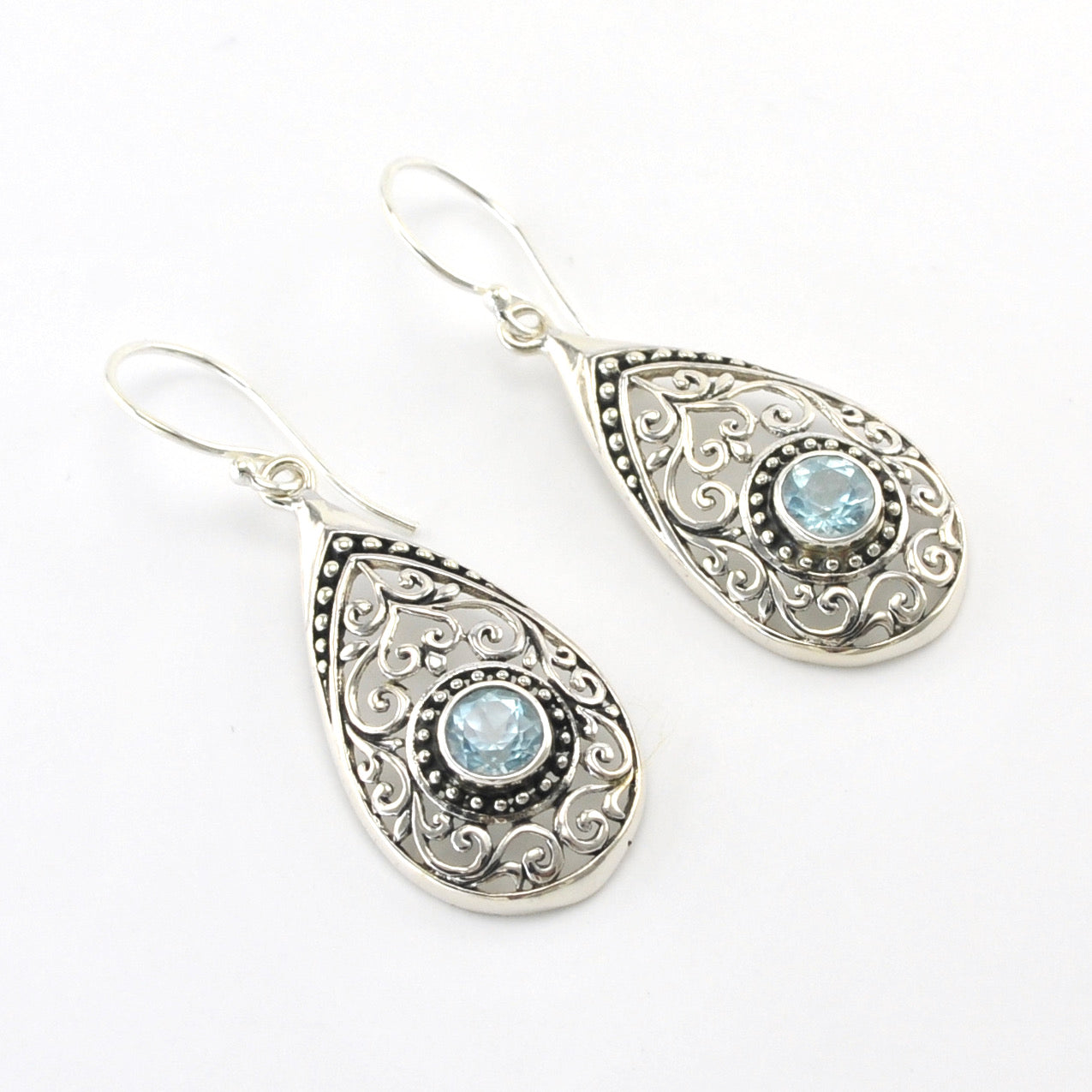 Silver Blue Topaz Tear Bali Earrings