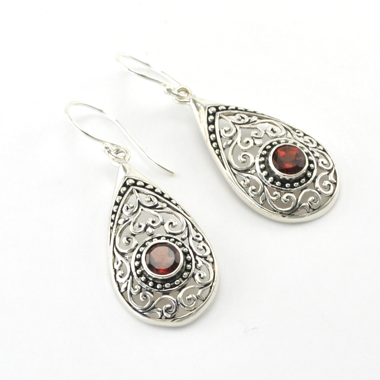 Sterling Silver Garnet Tear Bali Earrings