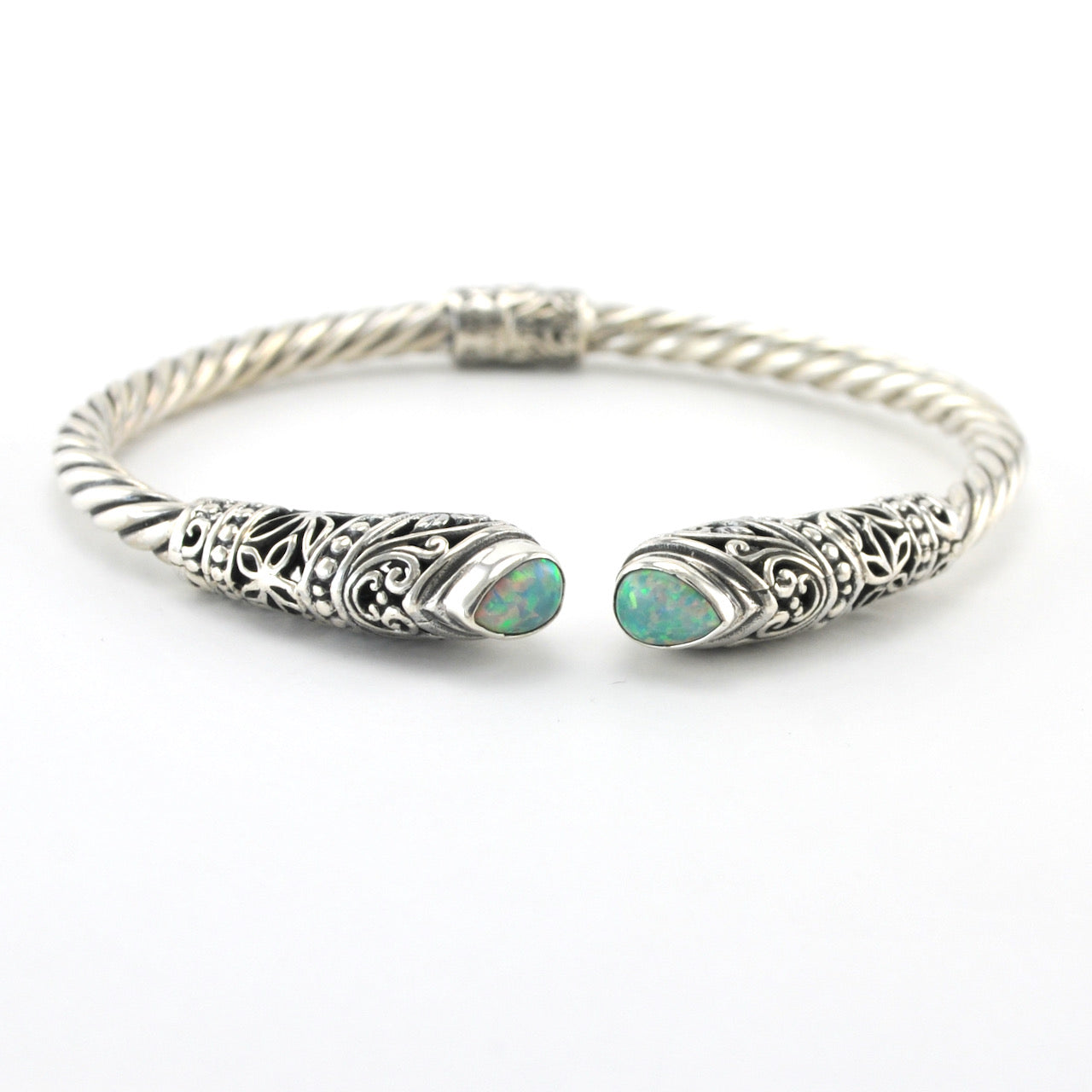 Silver Created Green Opal Tear Bali Hinged Cuff Bracelet