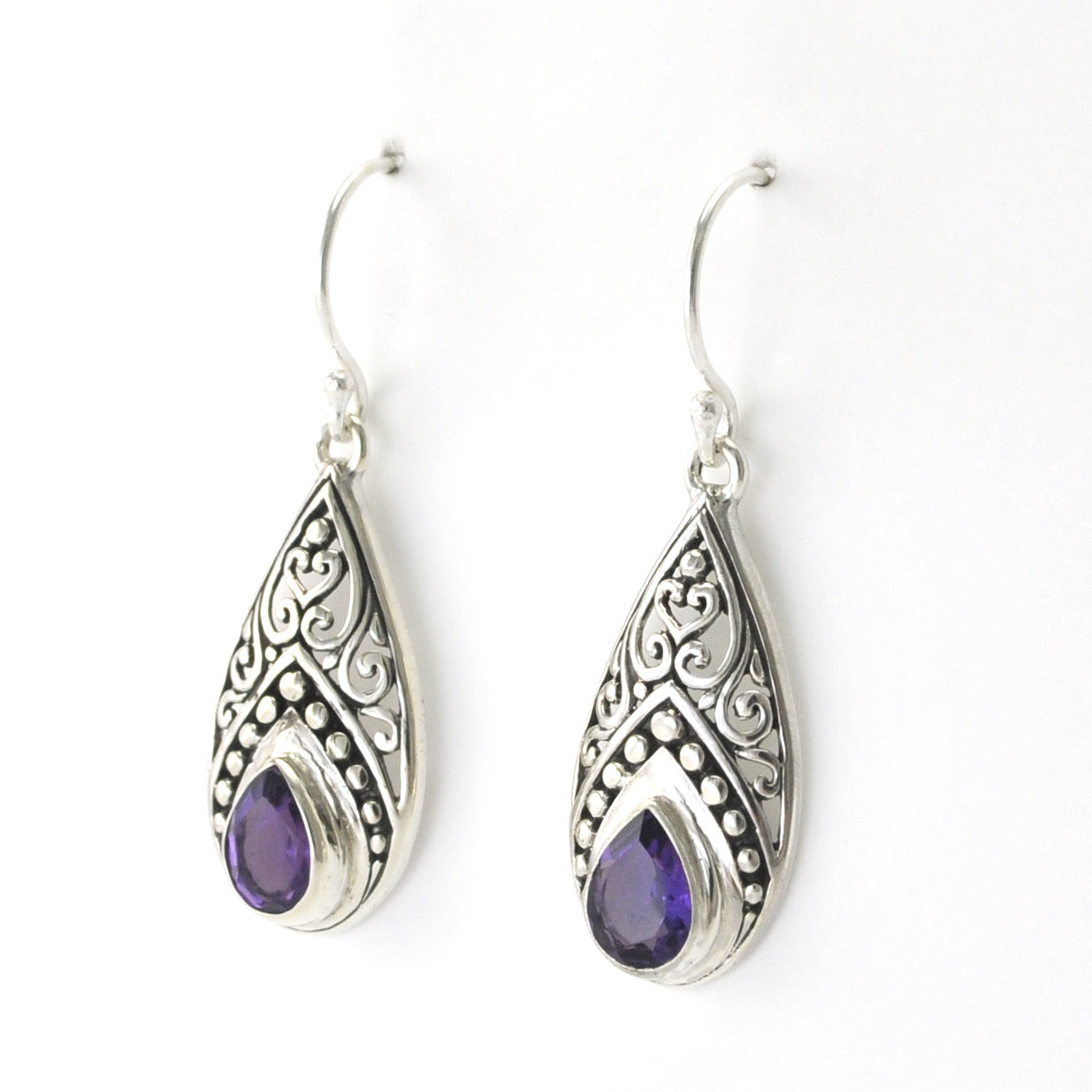 Side View Silver Amethyst Tear Bali Dangle Earrings