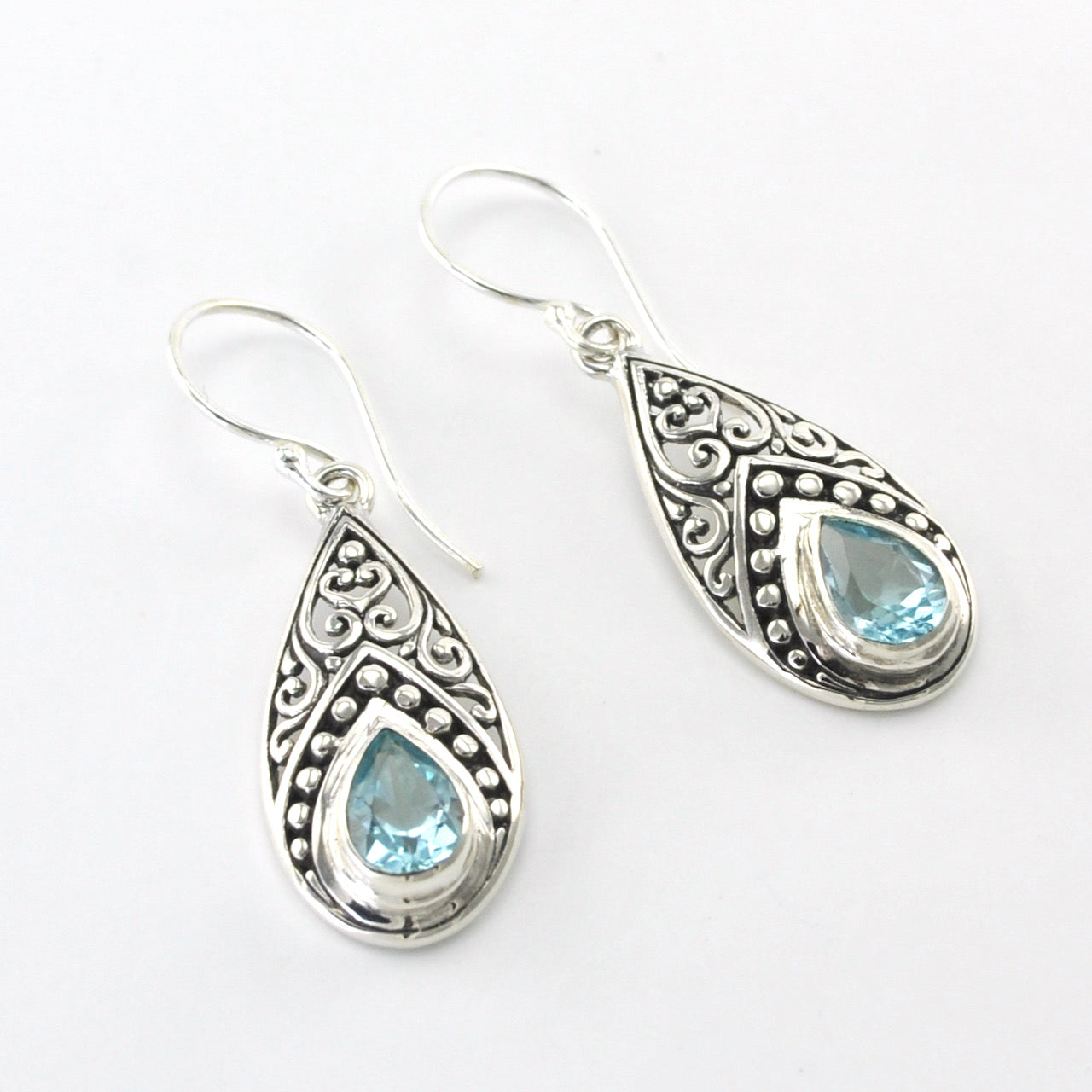Silver Blue Topaz Tear Bali Dangle Earrings