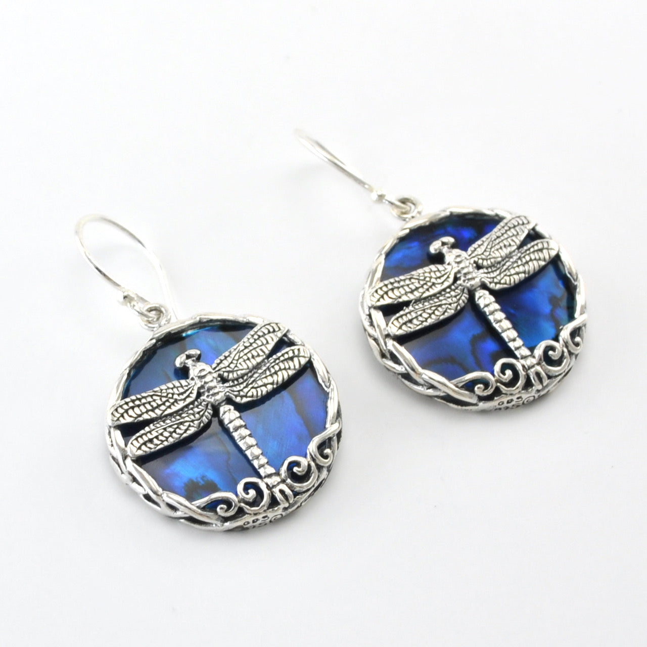 Silver Blue Abalone Dragonfly Dangle Earrings