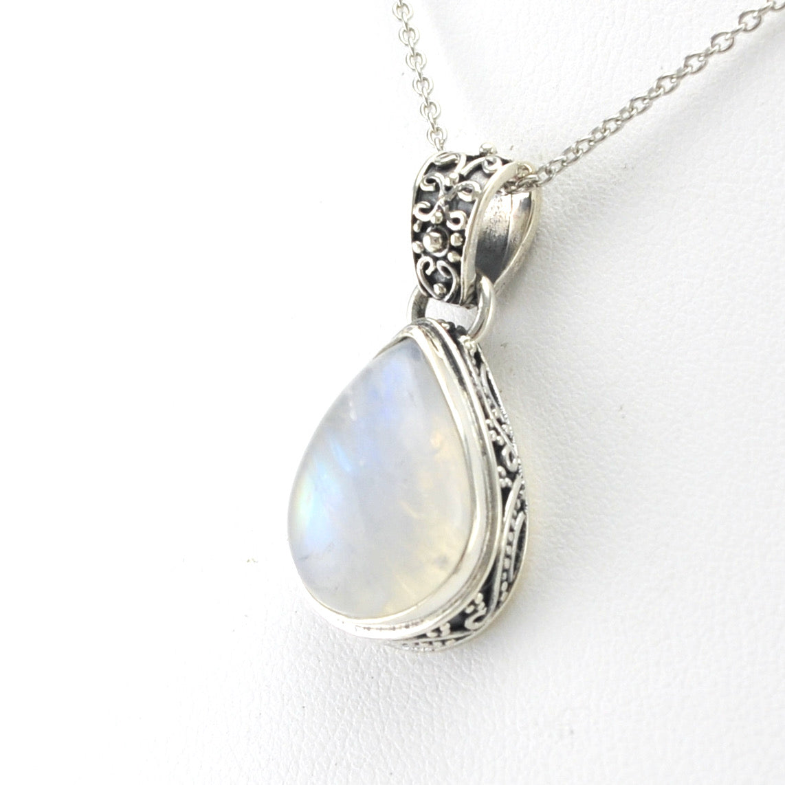 Sterling Silver Moonstone 12x16mm Tear Bali Necklace