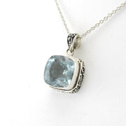 Side View Silver Aquamarine 11mm Square Bali Necklace
