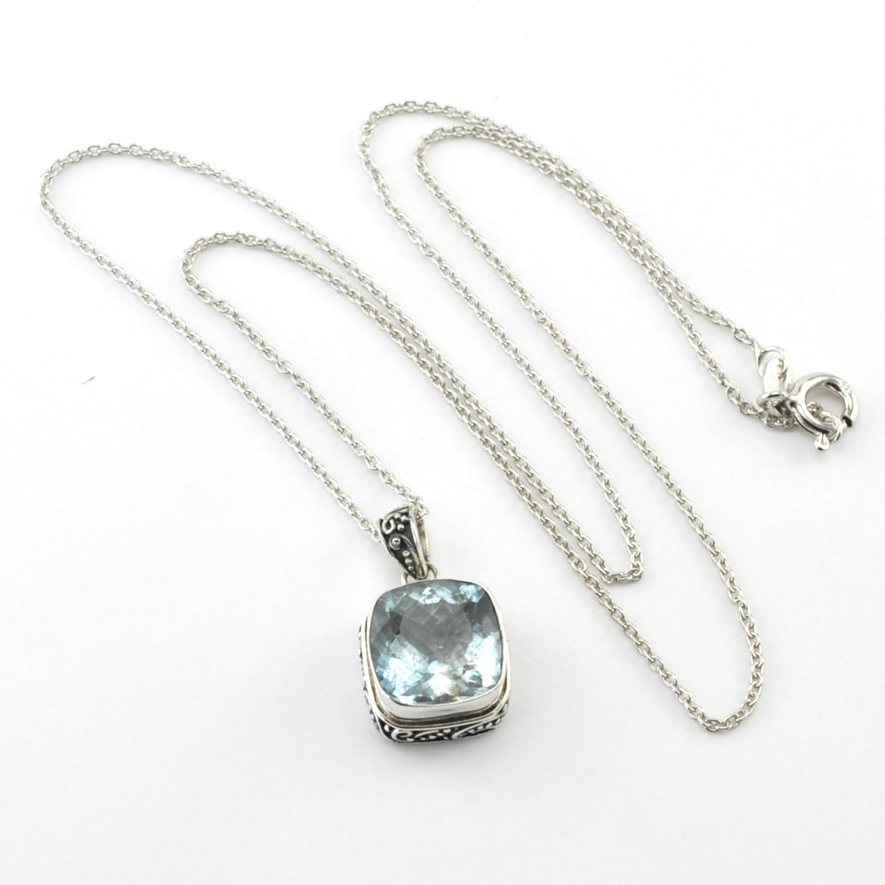 Silver Aquamarine 11mm Square Bali Necklace
