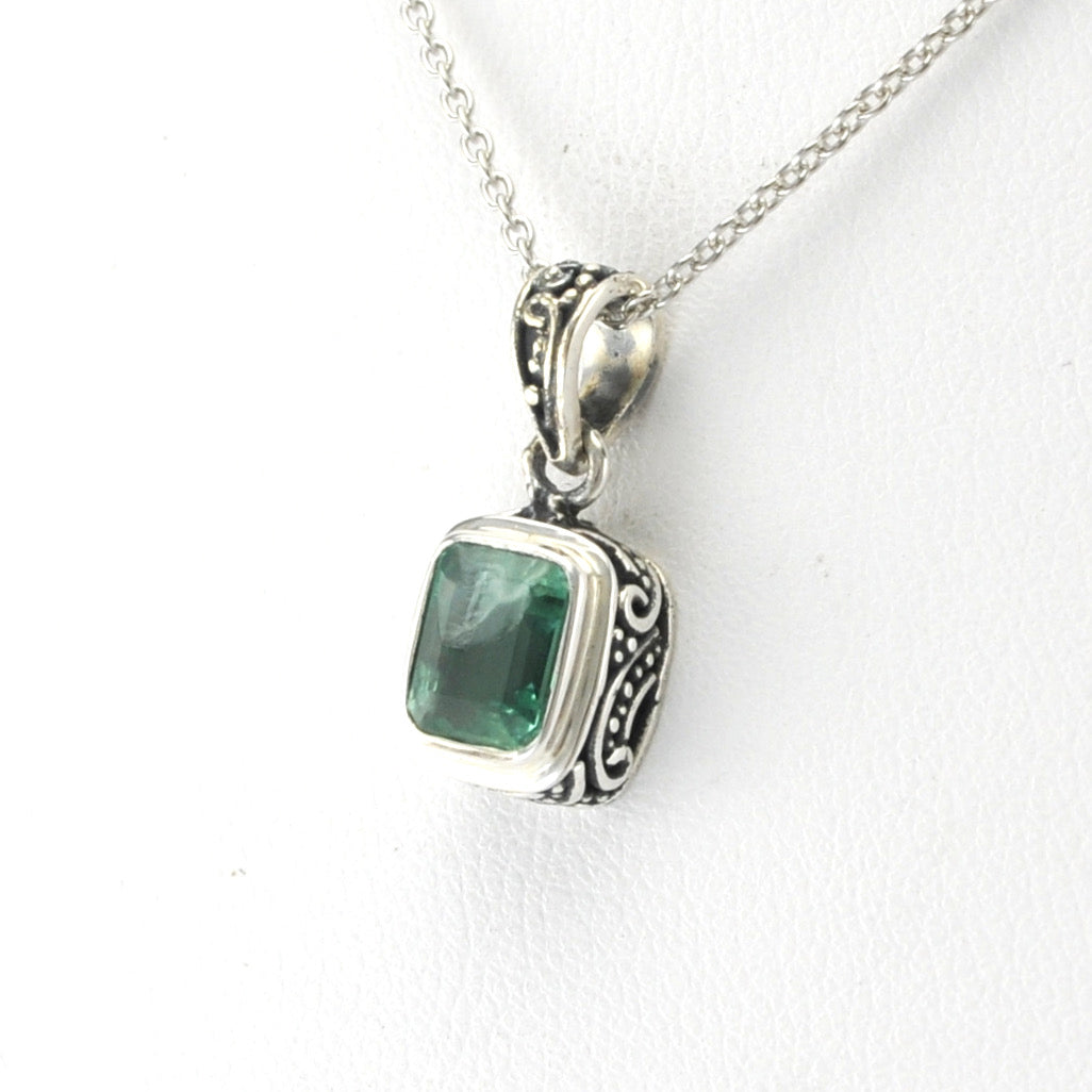 Side View Silver Emerald 5x7mm Rectangle Bali Necklace